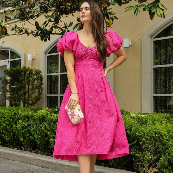 Frame Puff Sleeve 100% Cotton V-Neck High Low Midi Dress Pink Textured Fabric - Picture 1 of 16